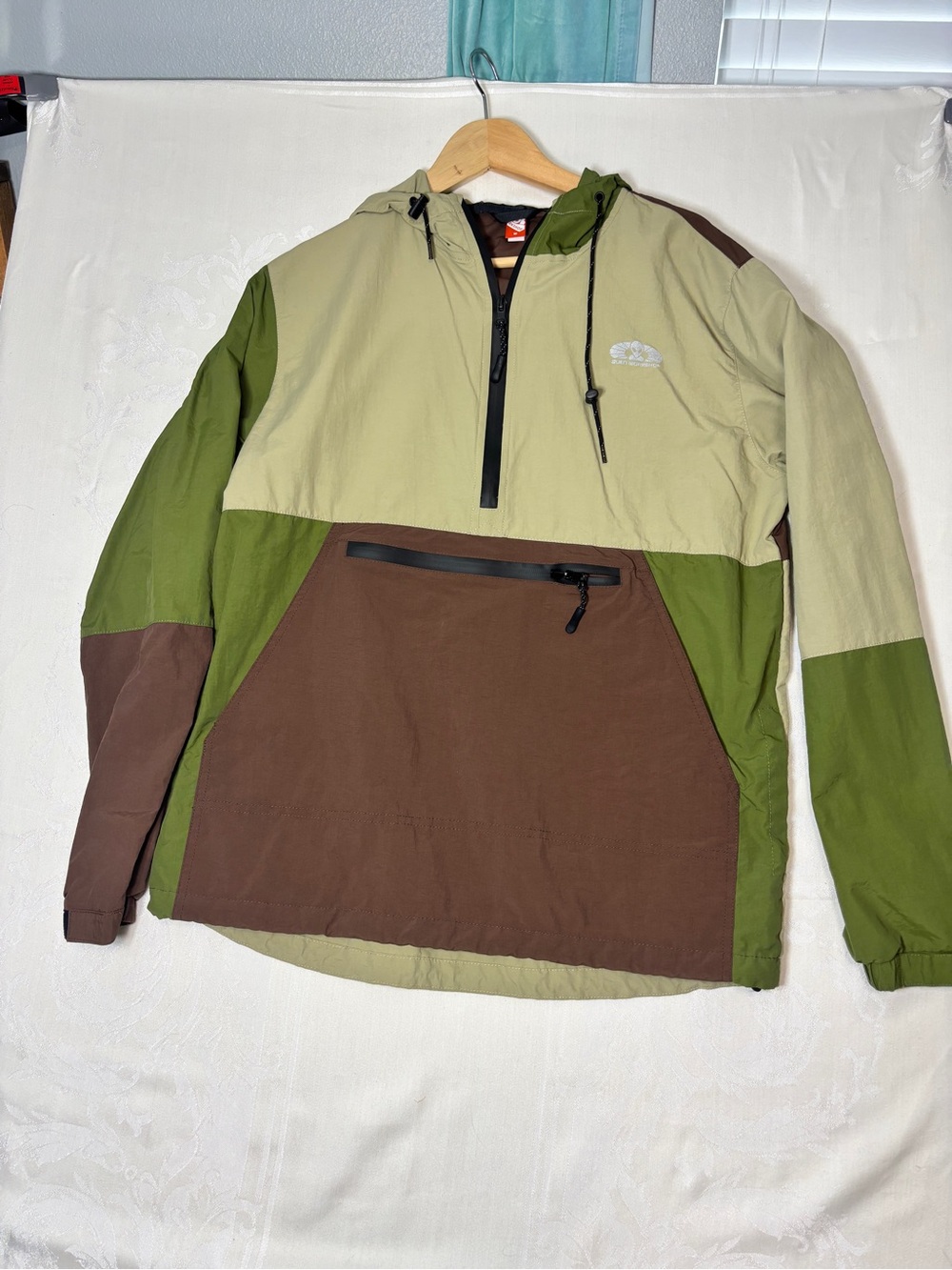 Workshop Republic Clothing Colorblock Hooded Pullover Jacket - Olive, Brown, Tan